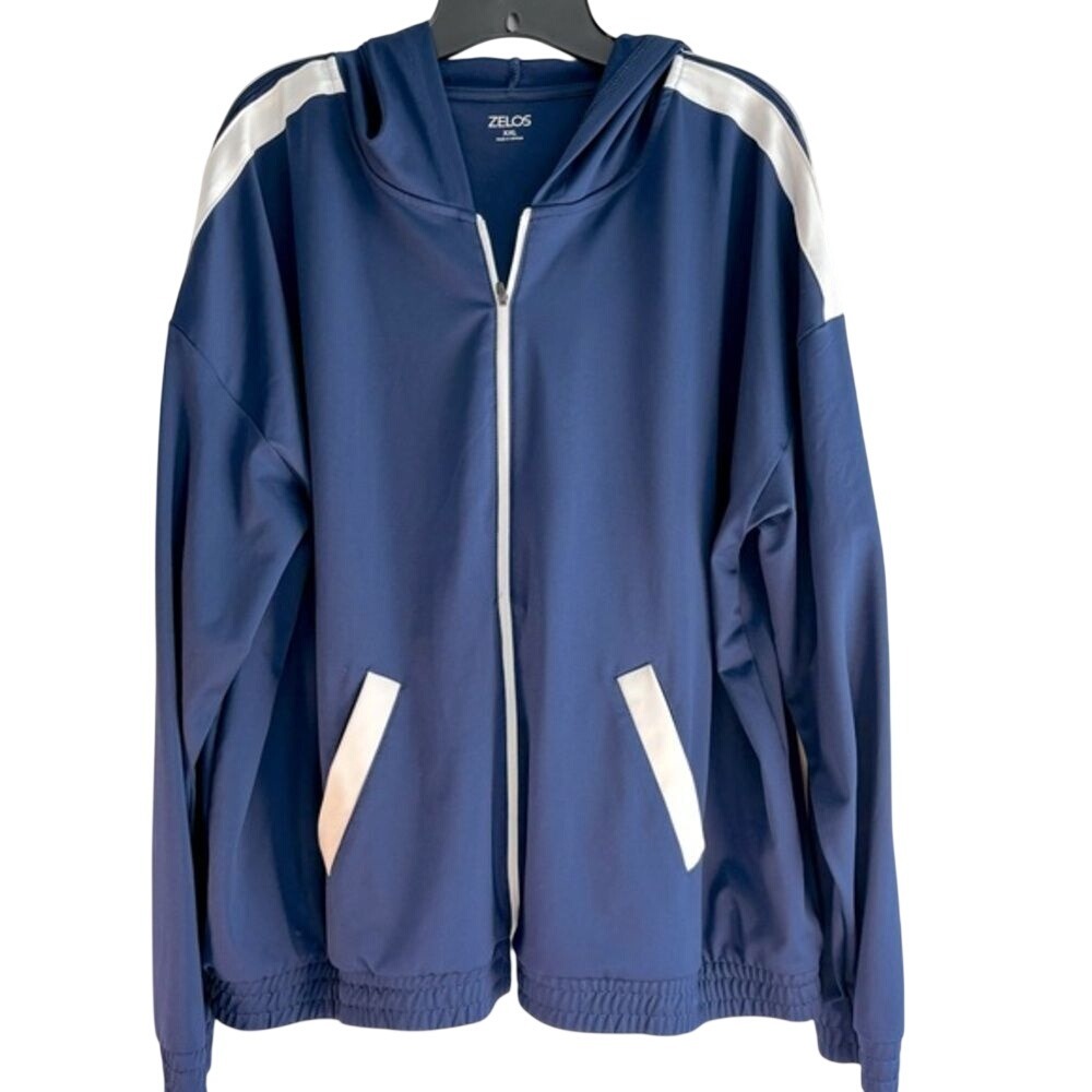 Zelos Womens XXL Navy Blue Track Jacket‎ Full Zip Hooded White Stripe Athletic